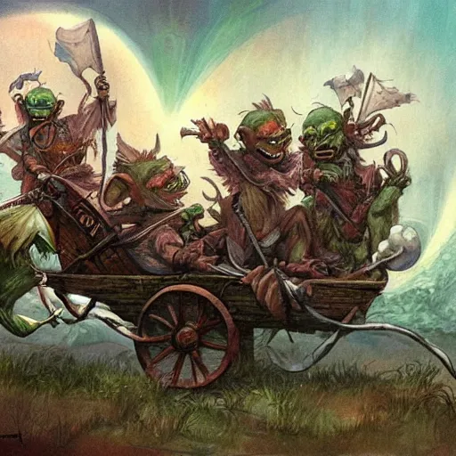 Image similar to painting of goblins riding in a slapdash wooden cart, fantasy art, magic : the gathering art, by diterlizzi