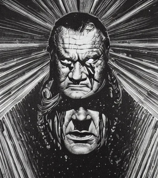 Prompt: profile picture of lovecraftian john wayne, surrounded by beams of light dark background by wayne barlow, stanley donwood, anton semenov, zdzislaw bekinski, hr giger, 8 k, fantasy, dark, highly detailed