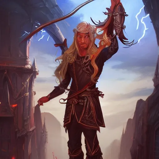 Prompt: male tiefling painter with long tied hair, full body portrait, lightning fantasy magic, medieval city background, D&D, highly detailed, digital painting, HD, ArtStation, great composition, concept art, matte, sharp focus, illustration, art by artgerm and Greg Rutkowski