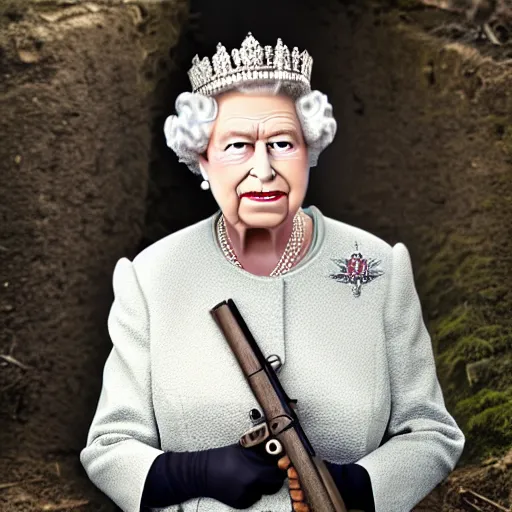 Queen Elizabeth II holding a gun while in WWII | Stable Diffusion | OpenArt