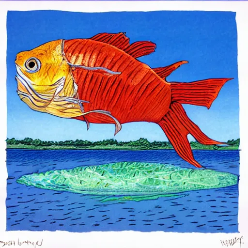 Prompt: a guffy looking fish jumping out of a beautiful lake with a funny day, in the style of Patrick woodroffe