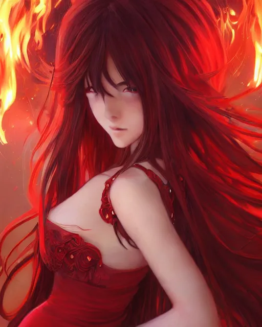Image similar to red eyed beautiful long haired anime girl, red dress, full body photo, flames everywhere, highly detailed, digital painting, artstation, concept art, smooth, sharp focus, illustration, art by artgerm and greg rutkowski and alphonse mucha