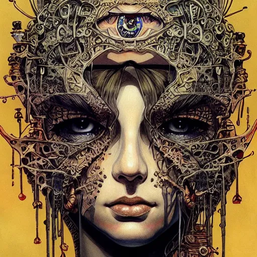 Image similar to beautiful portrait painted in jacek yerka and aykut aydogdu style drawn by vania zouravliov and takato yamamoto, inspired by cyberpunk, intricate acrylic gouache painting, high detail, sharp high detail, artstation, manga and anime