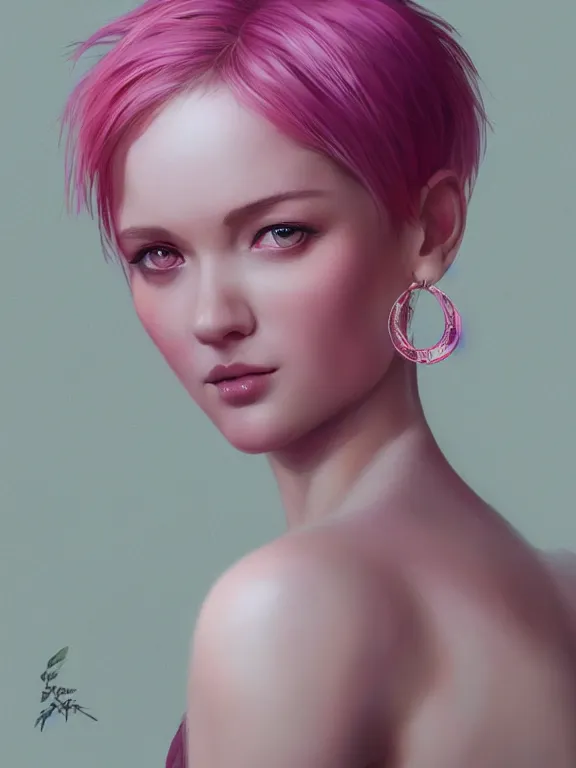 Image similar to beautiful russian girl with short pink hair and nose piercing, pink eye liner, thin round earrings, winds of winter, au naturel, hyper detailed, digital art, trending in artstation, cinematic lighting, studio quality, smooth render, octane rendered, concept art, sharp focus, illustration, art by artgerm and greg rutkowski and wlop