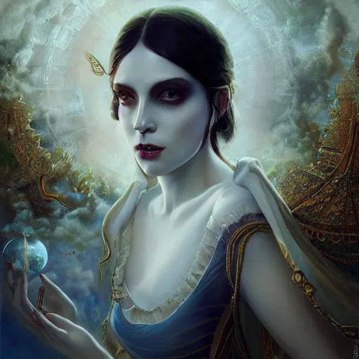Prompt: By Tom Bagshaw, ultra realist soft painting render of a curiosities carnival scene, Albedo from Overlord in long curvy gothic dress watching an octane render of a floating transparent glass sphere, reflection and refraction, gods ray, symmetry accurate features, very intricate details, deep fog, dark fantasy background, artstation