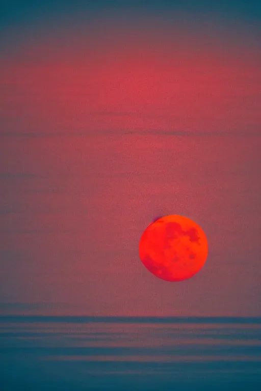 Prompt: red moon reflecting in the sea, night, low angle, realistic photo