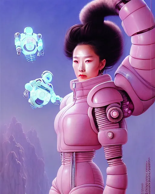 Image similar to beautiful fantasy character portrait, roseanne park, wearing pink puffy bomber jacket with leotard, futuristic robots, ultra realistic, dramatic lighting, robots, the fifth element artifacts, highly detailed by peter mohrbacher, hajime sorayama, wayne barlowe, boris vallejo, aaron horkey, gaston bussiere, craig mullins