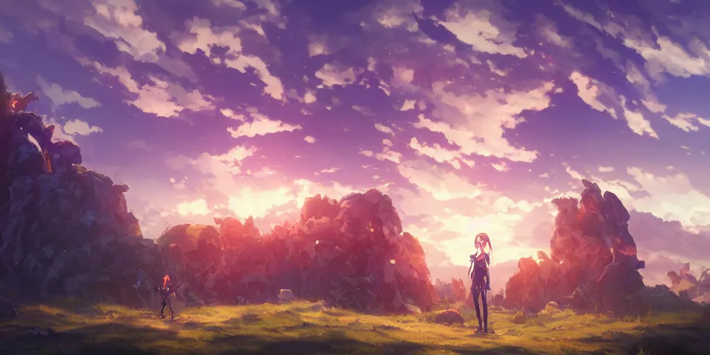 Prompt: isekai masterpiece by mandy jurgens, irina french, rachel walpole, ross tran, illya kuvshinov, and alyn spiller of an anime woman standing tree log looking up at giant crystals, high noon, cinematic, very warm colors, intense shadows, ominous clouds, anime illustration, anime screenshot composite background