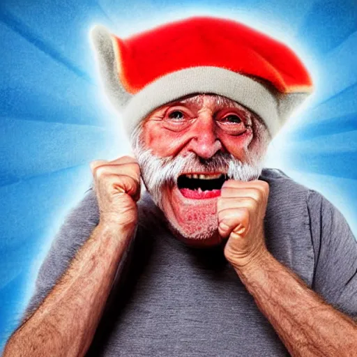 Image similar to a hilarious grumpy old man wearing a funny hat and has the expression of screaming and yelling, shaking his fist at those darn kids again! Digital art, humorous