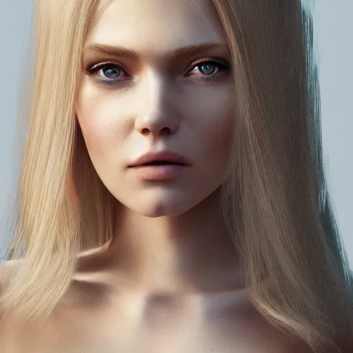 Image similar to portrait of a woman, long blonde hair, blue eyes, white dress, elegant, highly detailed face, artstation, concept art, cgsociety, octane render, 8k