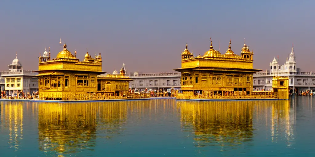 Image similar to a beautiful golden temple in the middle of a lake, cinematic, beautiful lighting and reflections, masterpiece