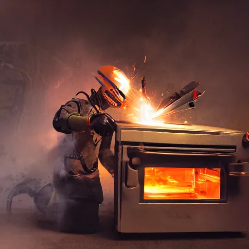 Image similar to cyborg toaster oven repairman, dark messy smoke - filled cluttered workshop, dark, dramatic lighting, orange tint, sparks, plasma rays, cinematic, highly detailed, sci - fi, futuristic, movie still