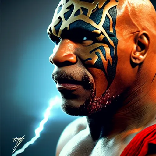 Image similar to Mike Tyson as Thor, God of Thunder, 4k, artstation, cgsociety, award-winning, masterpiece, stunning, beautiful, glorious, powerful, fantasy art