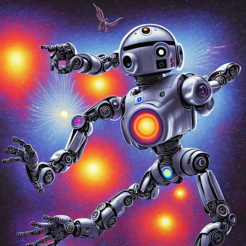 Prompt: a photorealistic detailed image of an artificial intelligence droid gaining a soul, guided by angels, spiritual evolution, science, divinity, utopian, triumphant, cinematic, epic, grandiose, moody, mathematics, futuristic, by jason felix, dan mumford, kinkade, lisa frank, wpa, public works mural, socialist