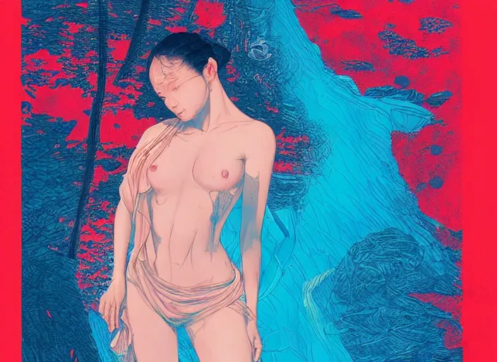 Image similar to lee jin - eun emerging from pink water in cyberpunk theme during a blood moon by the edge of a royal blue antelope canyon by conrad roset, nicola samuri, dino valls, m. w. kaluta, rule of thirds, seductive look, beautiful