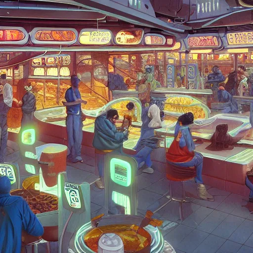 Image similar to food court at a crowded space station, michael whelan, cyberpunk, retrofuture, illustration