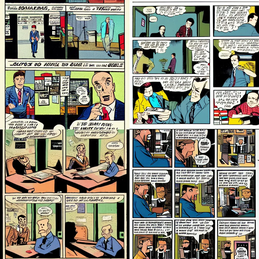 Prompt: a comic book showing a mundane day at the office by harvey pekar
