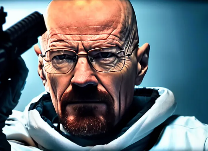 Image similar to film still of Walter White as Gordan Freeman in an underground lab facility wearing a black HEV suit with an orange lambda logo in front with a glowing blue portal in the background in the Half Life Movie, 4k