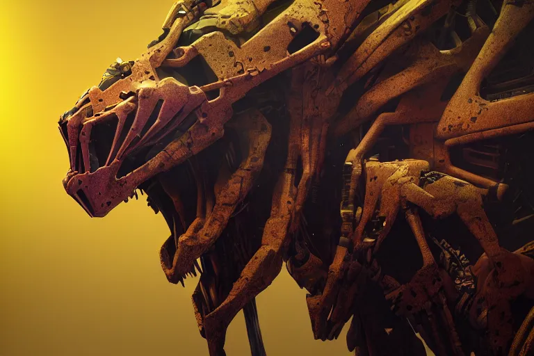 Image similar to portrait of a posed hyper detailed yellow scrounger evangelion realistic mechanical and fleshy organic creature similar look as horizon forbidden west horizon zero dawn bioluminiscence in a dark deep forest at dawn in spring, with reflection and textures, by kilian eng, substance painter reaslitic mech surface metal painted scratches