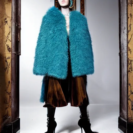 Prompt: an award - winning editorial photo of a cropped baggy medieval jacket made of very fluffy teal faux fur : : with a reflective iridescent leather oversized collar, dramatic lighting, designed by alexander mcqueen