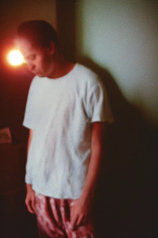 Image similar to agfa vista 4 0 0 photograph of a guy standing in a cluttered 9 0 s bedroom, flower crown, back view, lens flare, moody lighting, moody vibe, telephoto, 9 0 s vibe, blurry background, grain, tranquil, calm, faded!,