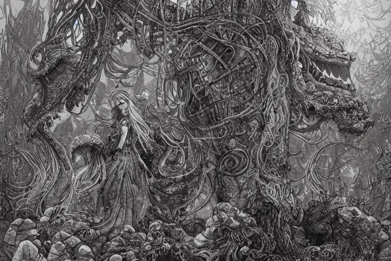 Image similar to a fantasy land, monsters, beautiful, mesmerizing, concept art, intricate linework, detailed and intricate environment, artstation, inspired by monstress, sana takeda
