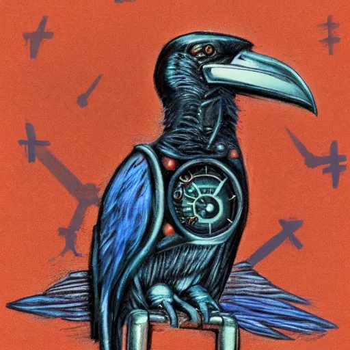 Prompt: elaborate, detailed, steampunk crow on a blue background