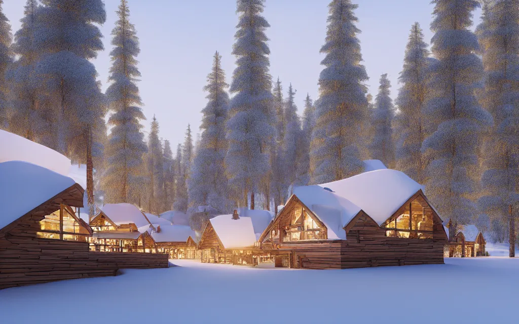 Image similar to finnish ski resort architectural visualization, hotel, winter scene, cozy, corona render, rendered in vray, evening light, lakeside, dof, mountainous landscape, pine forest, evermotion, ronen bekerman, contest winner, archviz, peter guthrie, ultradetailed, photorealistic, photoreal, photography, mir. no,