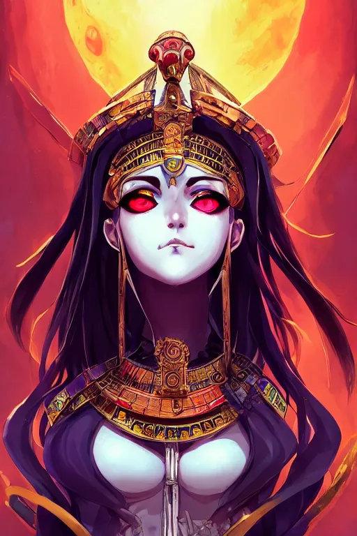 Prompt: 3 / 4 view of a smirking necromancer queen cleopatra, beautiful and detailed eyes, with pyramids and a giant crimson moon with the eye of ra in the background, by tite kubo and guweiz, dramatic lighting, manga cover, highly detailed, incredible quality, trending on artstation