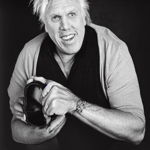 Image similar to studio portrait of gary busey with a giant foot emerging from his mouth