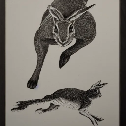 Image similar to bold etching of a jackrabbit running downward