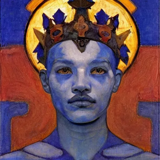 Image similar to the corvid crown, by Annie Swynnerton and Nicholas Roerich and Diego Rivera, blue skin, elaborate costume, geometric ornament, rich color, dramatic cinematic lighting, smooth, sharp focus, extremely detailed