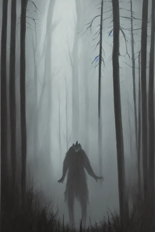 Image similar to dark and spooky woods featuring a menacing werewolf silhouette. atmospheric, foggy, oil painting on canvas. fairytale