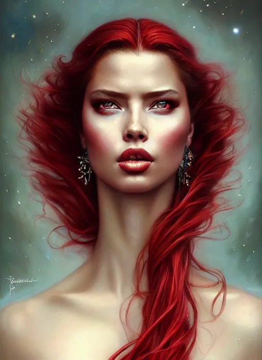 Image similar to a beautiful woman with baroque dress, red hair, adriana lima, painted by artgerm and tom bagshaw, fantasy art, dramatic lighting, highly detailed oil painting