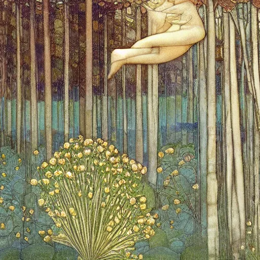 Prompt: elaborate, vivid by edward burne - jones, by charles gwathmey. a illustration of a beautiful landscape, delicate brushstrokes. peaceful & serene, with a gentle breeze blowing through the trees & flowers. colors are muted & gentle, calm & tranquility. well balanced & harmonious. color & composition, pleasing to the eye & calming to the soul.