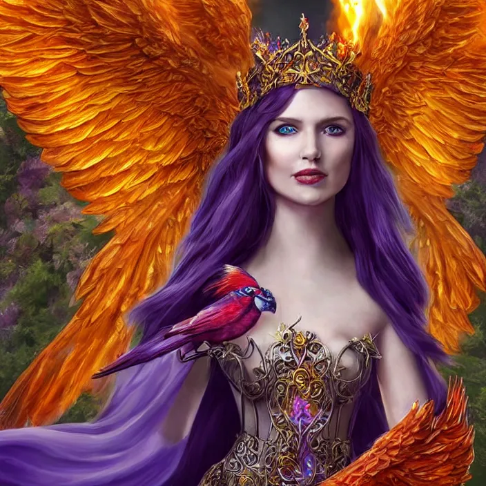 Image similar to Princess sorceress with red flaming bird wings on her back and sitting on an ornate throne dressed in a fancy long purple dress, beautiful hyper realistic face with a Slight smile and vivid blue eyes, Fantasy, Half Body Portrait, High detail, hyper realistic, planeswalker