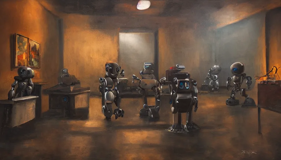 Image similar to robots in an old art gallery, painting landscapes with robots on canvas, dramatic lighting, 4 k