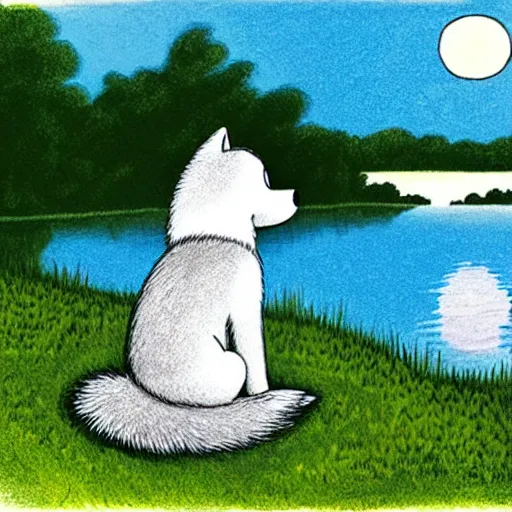 Prompt: view from behind of fluffy baby grey wolf sitting on the shore of a pond, looking out at a sunset, award winning illustration by maurice sendak and don freeman