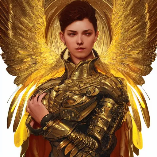 Image similar to Archangel with golden wings, heavy armor, , intricate, headshot, highly detailed, digital painting, artstation, concept art, sharp focus, cinematic lighting, illustration, art by artgerm and greg rutkowski, alphonse mucha, cgsociety