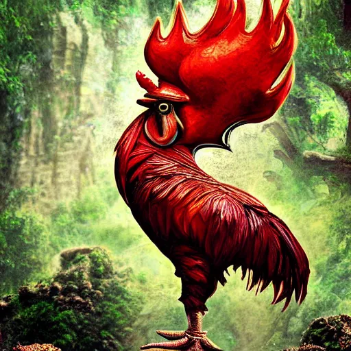 Image similar to fantasy art ultra detailed photo of the most interesting rooster king in all it's glory