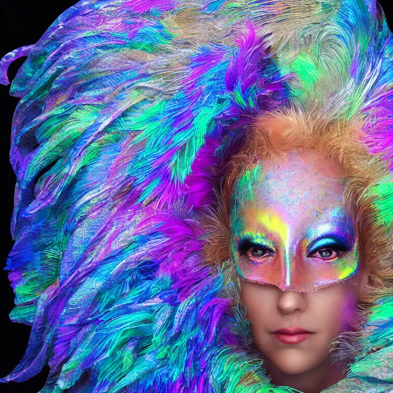 Prompt: octane render portrait by national geographic and wayne barlow and carlo crivelli and glenn fabry, a beautiful woman wearing a mask made of beautiful feathers, inside a giant massive wave of colorful iridescent liquid clear latex, cinema 4 d, ray traced lighting, very short depth of field, bokeh