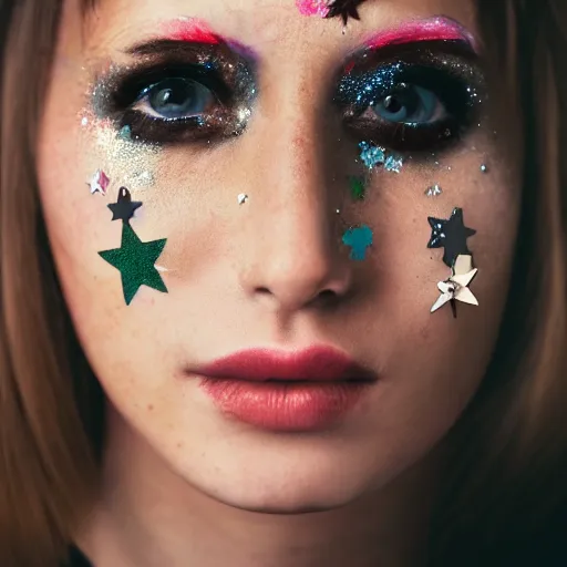 Prompt: portrait of a woman, star stickers on face, natural, light makeup, cinematic, cinematic, focus