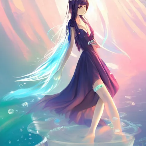 Prompt: advanced digital art, a very cute anime girl wearing a dress made of water standing in a crystal lake turning into mist , full body, very long black hair, azure blue watery eyes, full round face, cinematic lighting, MCU, mid-shot, highly detailed, trending on artstation, Unreal Engine 4k, Stanley Artgerm Lau, WLOP, Rossdraws, James Jean, Andrei Riabovitchev, Marc Simonetti, and Sakimichan