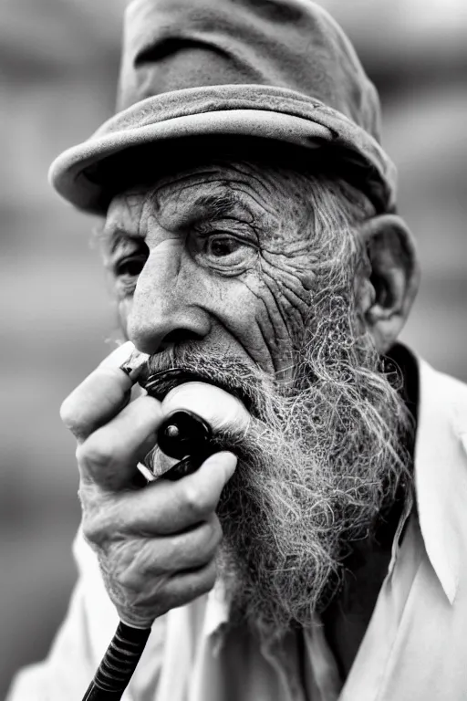 Prompt: A close-up portrait of an old, weary, wrinkly sailor smoking a pipe, Kodak Tri-X 400, 85mm