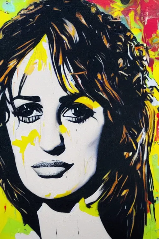 Image similar to oil painting, portrait of penelope cruz, graffiti, splash painting, by bansky