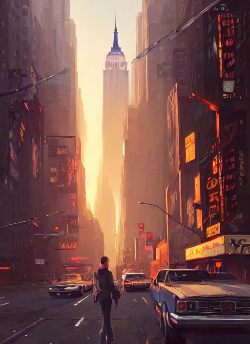 Prompt: highly detailed new york illustration in gta v, stephen bliss, unreal engine, fantasy art by greg rutkowski, loish, rhads, ferdinand knab, makoto shinkai and lois van baarle, ilya kuvshinov, rossdraws, tom bagshaw, global illumination, radiant light, detailed and intricate environment