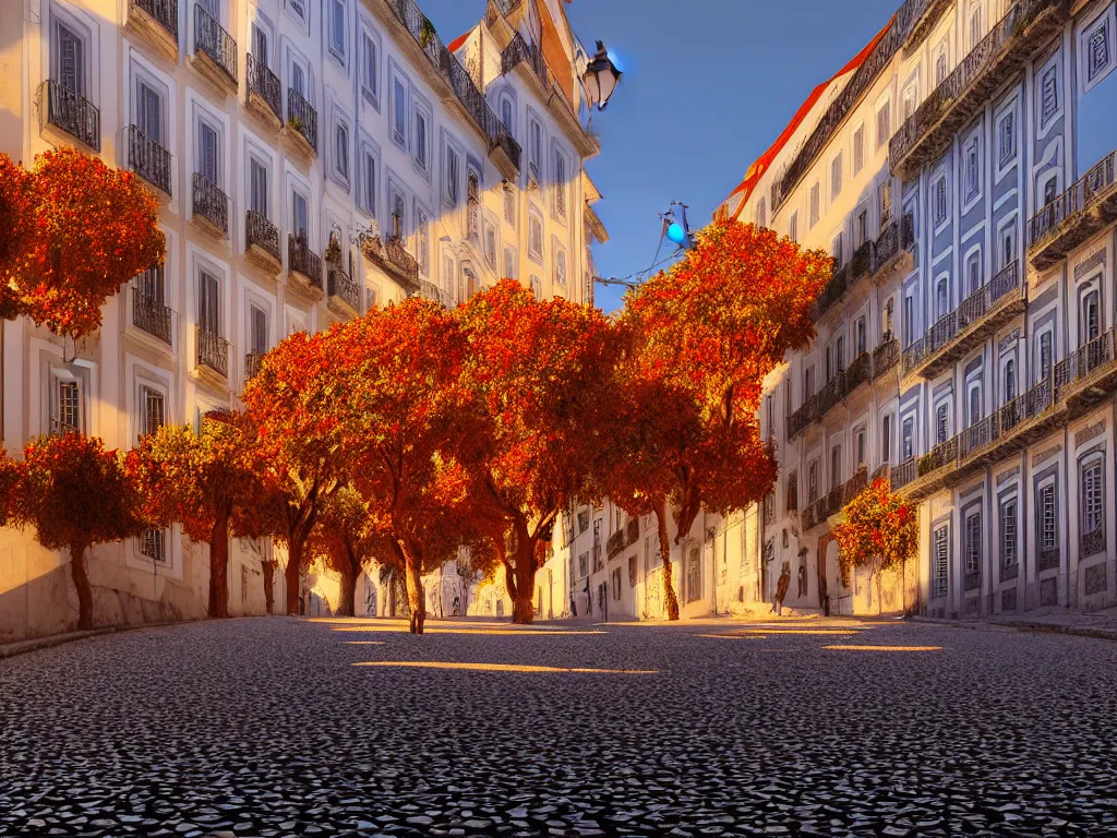 Image similar to a beautiful serene lisbon during autumn on a fine day, photorealistic, hyperdetailed, studio lighting, octane render, caustics