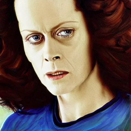 Prompt: sigourney weaver from alien, head and shoulders portrait, extremely detailed masterpiece, one single continues line.