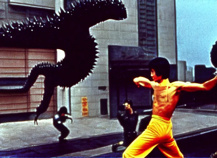 Prompt: Bruce Lee vs. Godzilla, kaiju eiga, tokusatsu, kung-fu, martial arts, 70s color film, vintage movie, digitally remastered