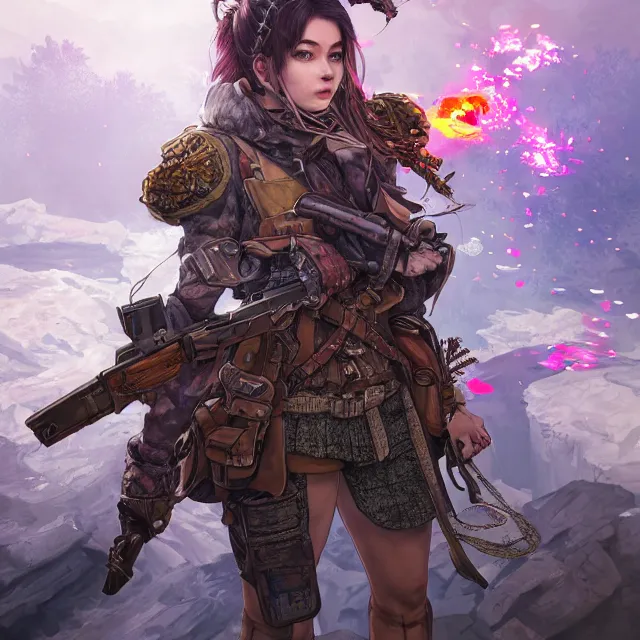 Image similar to the portrait of lawful neutral semi - colorful female infantry gunner as absurdly beautiful, gorgeous, elegant, young gravure idol, an ultrafine hyperdetailed illustration by kim jung gi, irakli nadar, intricate linework, bright colors, octopath traveler, final fantasy, unreal engine 5 highly rendered, global illumination, radiant light, detailed and intricate environment